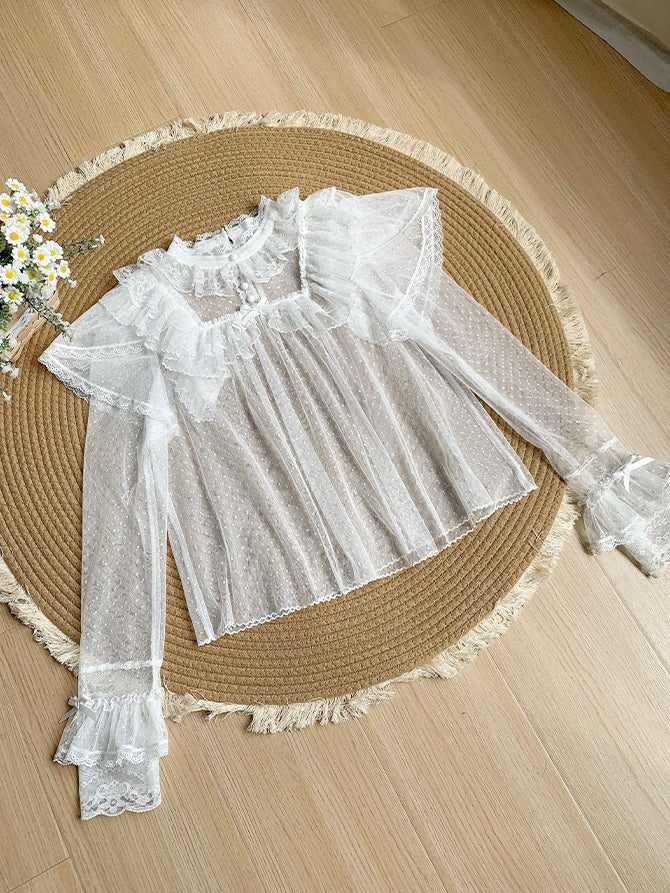 Sleeves Long Sheer Lace Dots Top Tulle White