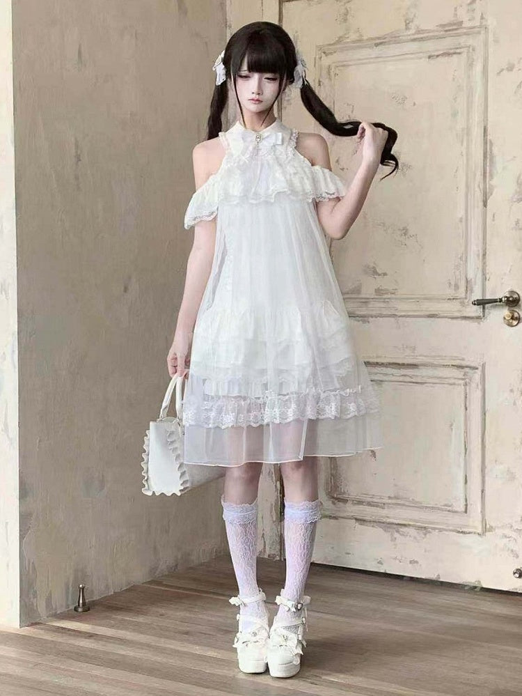 White Landmine Style Cutout Shoulder Dress with Sheer Overlay, Lace and Bow Tie - Ekomi