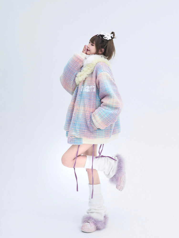 Details with Winter Colorful Coat Collar Faux Plush White Fur Text