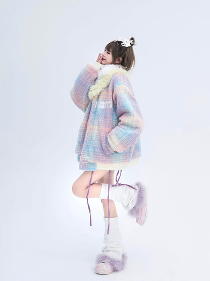 Details with Winter Colorful Coat Collar Faux Plush White Fur Text