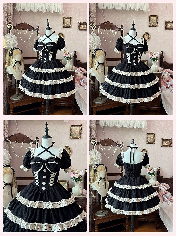 und Lolita-Taille, einteiliges Basken-Schulkleid aus Spitze, Beige, alter schwarzer Besatz