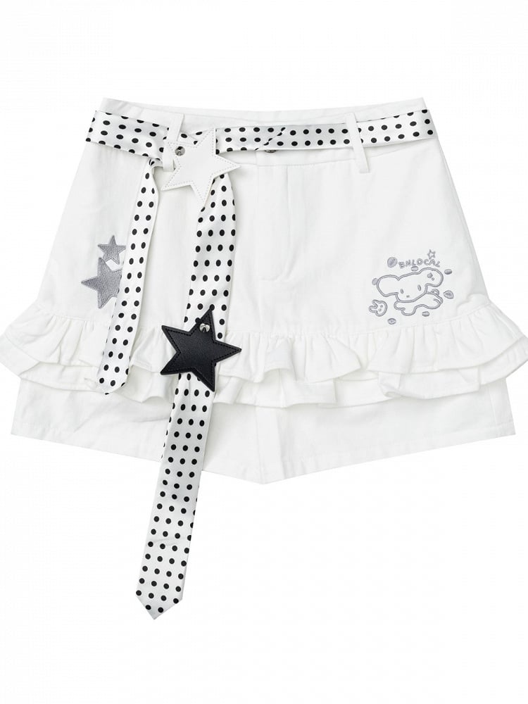 White Ruffled Shorts with Star & Puppy Embroidery - Languid Park