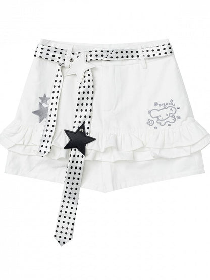 White Ruffled Shorts with Star & Puppy Embroidery - Languid Park