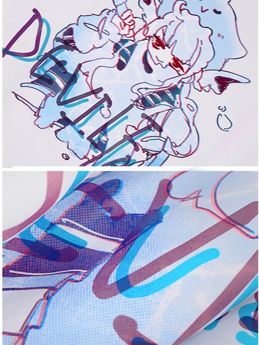 Tenshi Trim Graphic Cartoon Tee Blue Decorative Devilfish Kaiwai with Eyelet Light