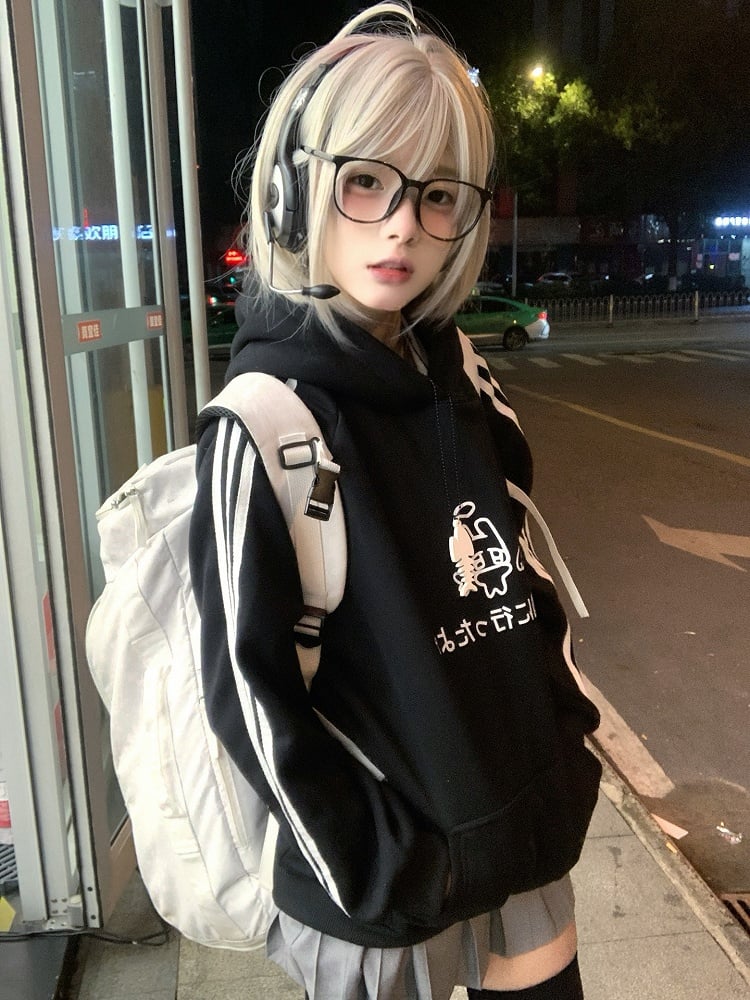 Black Bunny Print on with Angel Hoodie Sleeves Pattern Stripe