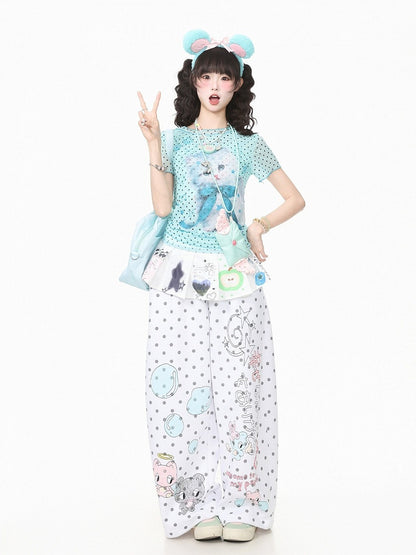 Green Mesh Tee with Polka Dot and Kitty Print - Languid Park