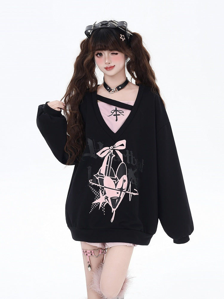 スウェットシャツ Vネック ハート＆リボンプリント ルーズ ツーピース ビタースウィート ブラック/ブルー フェイク