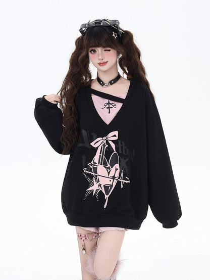 スウェットシャツ Vネック ハート＆リボンプリント ルーズ ツーピース ビタースウィート ブラック/ブルー フェイク