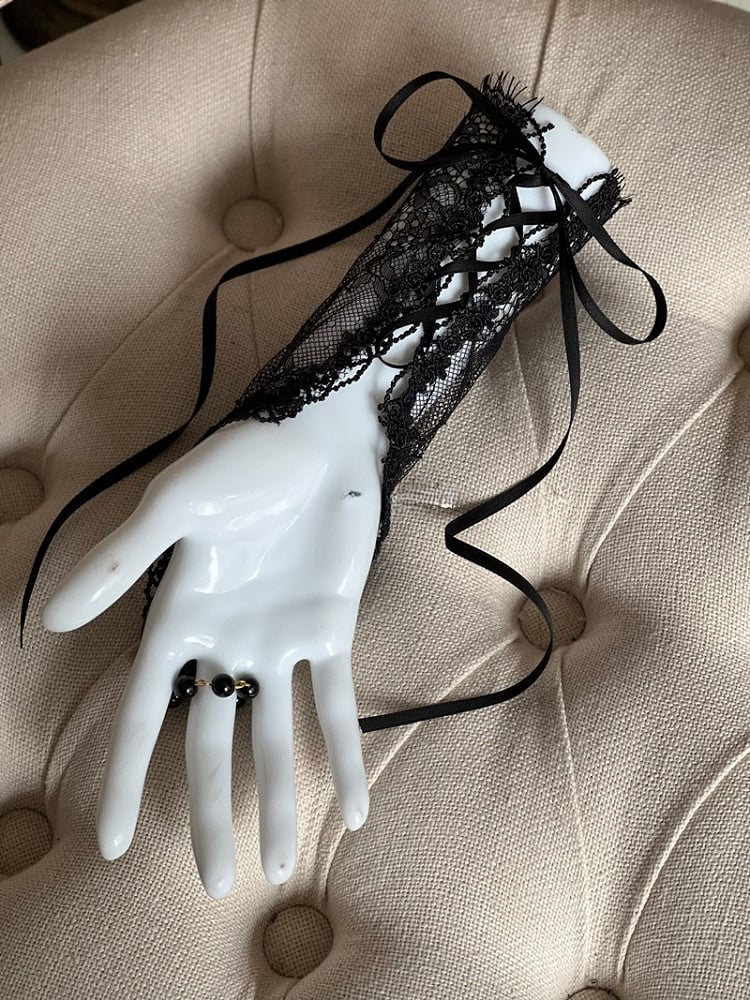 with Flower Black/Apricot/White Lace Wrist Gothic Bead Cuffs and