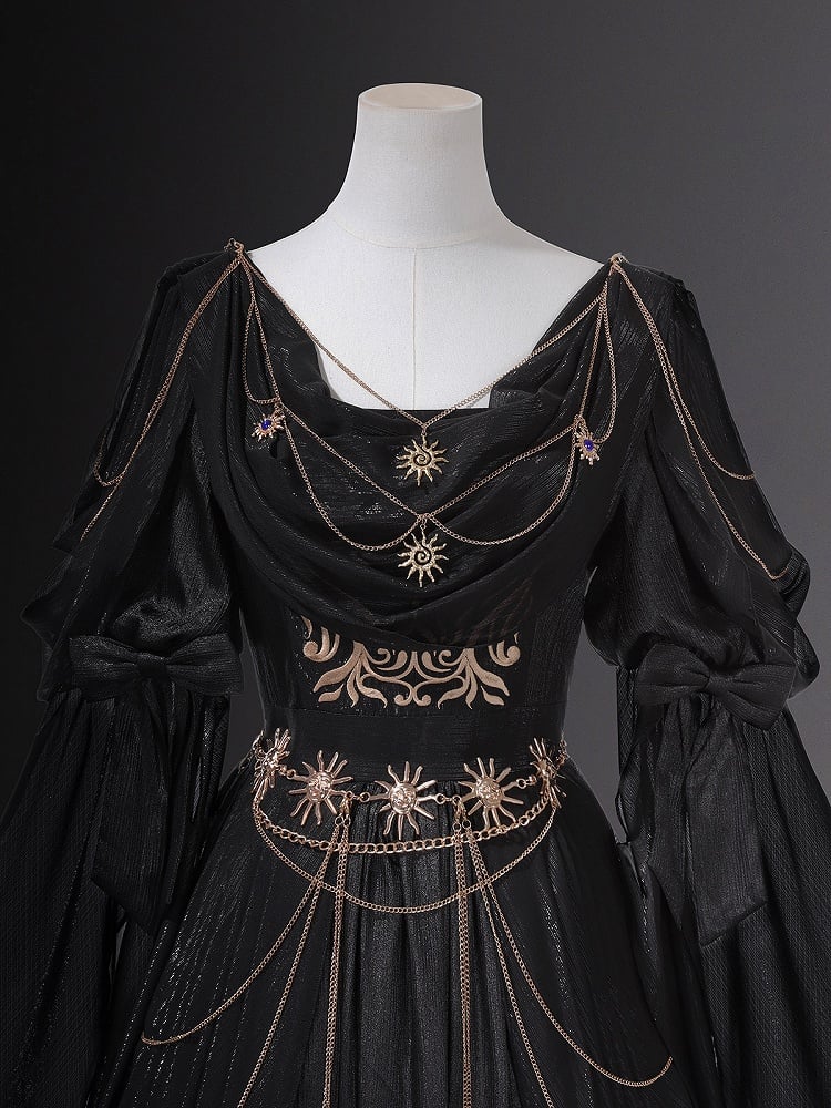 Embroidery Flowing and Sleeves Dress Black Golden Lolita Greek-inspired Chain Accents with