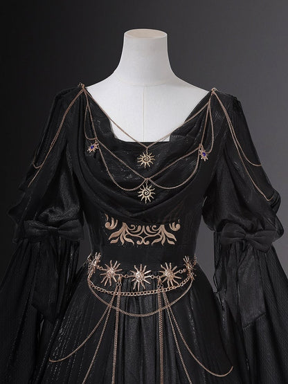 Embroidery Flowing and Sleeves Dress Black Golden Lolita Greek-inspired Chain Accents with