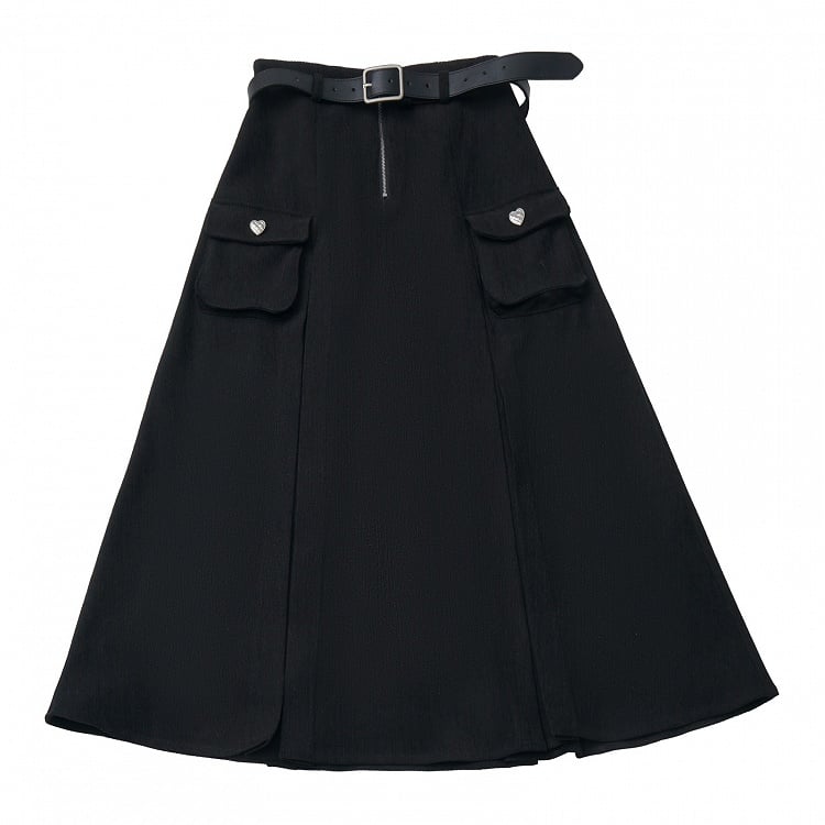 Accented Pockets Black Heart Belt Bittersweet A-Line High Set Waist Skirt with