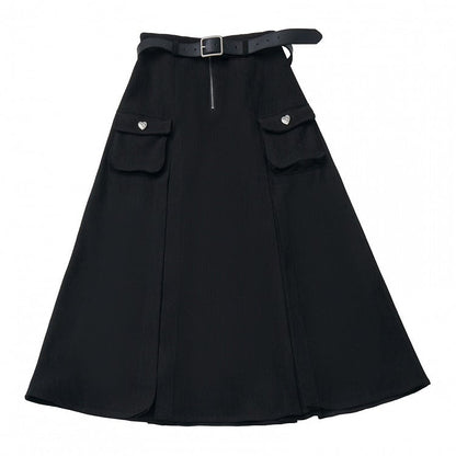Accented Pockets Black Heart Belt Bittersweet A-Line High Set Waist Skirt with