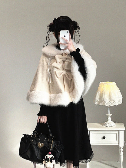 Decor Colors Design Bunny Faux Fur-Trimmed Drawstring Cape Ear with Kei Jirai Bow 3