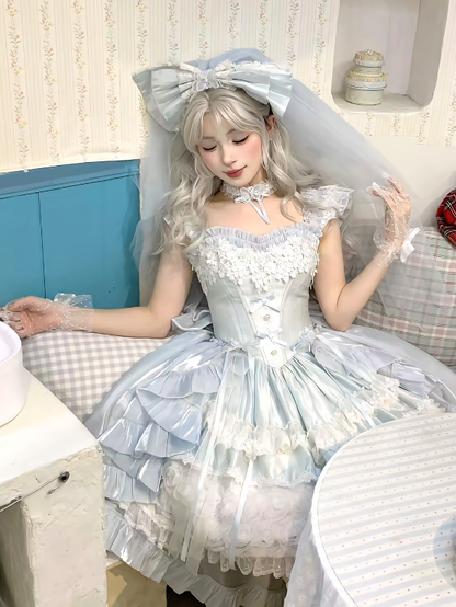 Hime Basque Flower Lace Layered Fluffy Lolita Dress Blooming with Blue Accents Waist | Sheer Ocean
