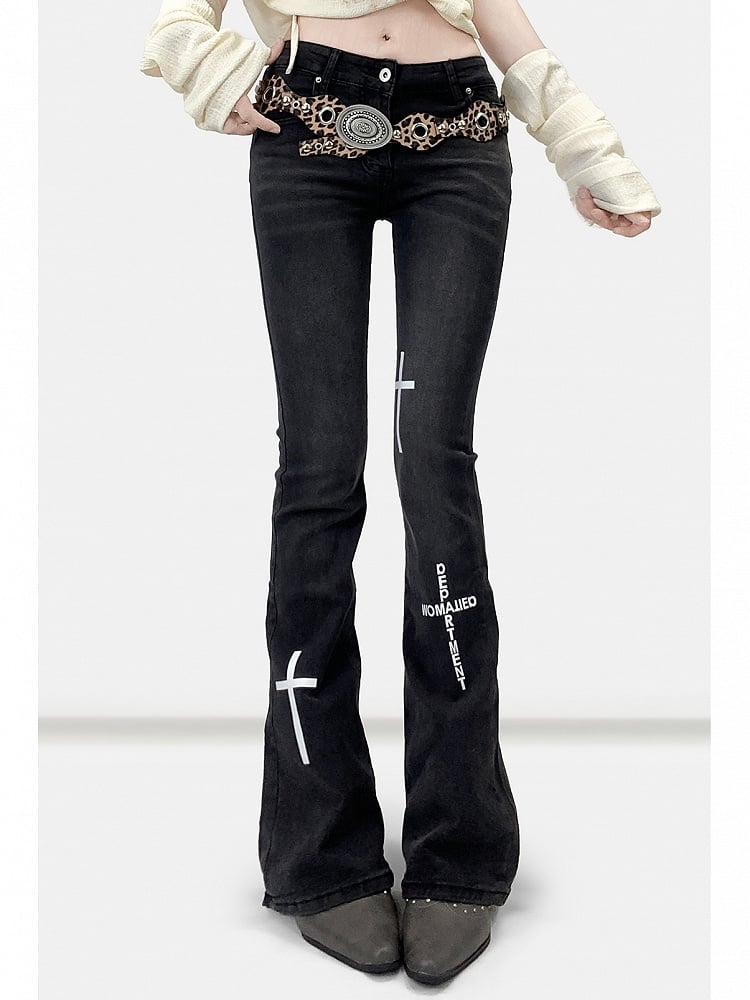 Flare Black Wings Print Y2K Jeans und Silhouette Kreuz