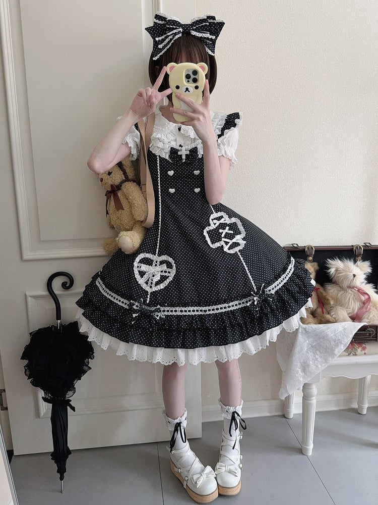 Lolita-Krankenschwester-Kleid mit gepunktetem Rüschensaum und mehrlagigem Schwarz