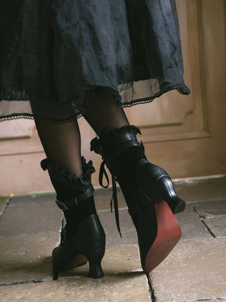 Embossed 7.3CM High Heel Boots with Metal Buckle and Lace Gothic Details - Lacy Bones