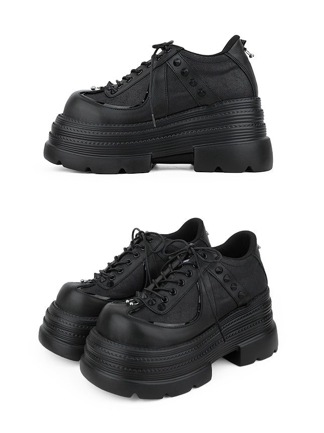 Platform Closure Design Shoes Black Lace-up Accents Stud with Punk