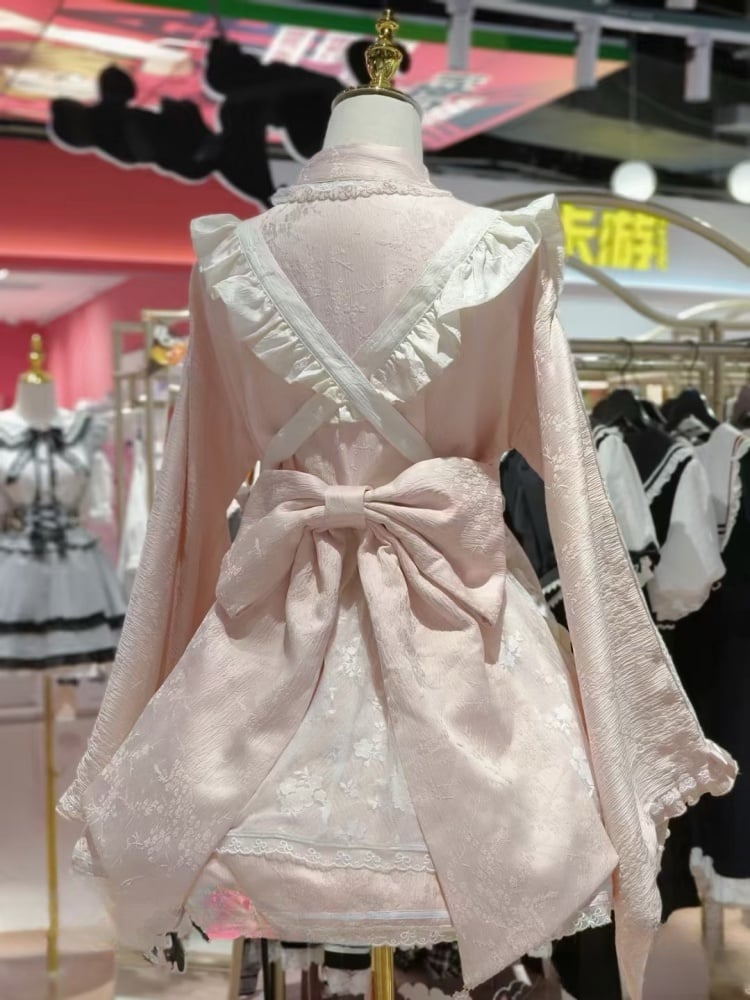 Wa Kei Pink Set-Bell Full Style Jirai Ärmel Blütenschürze Kleid + Flatteroutfit Festival Cherry