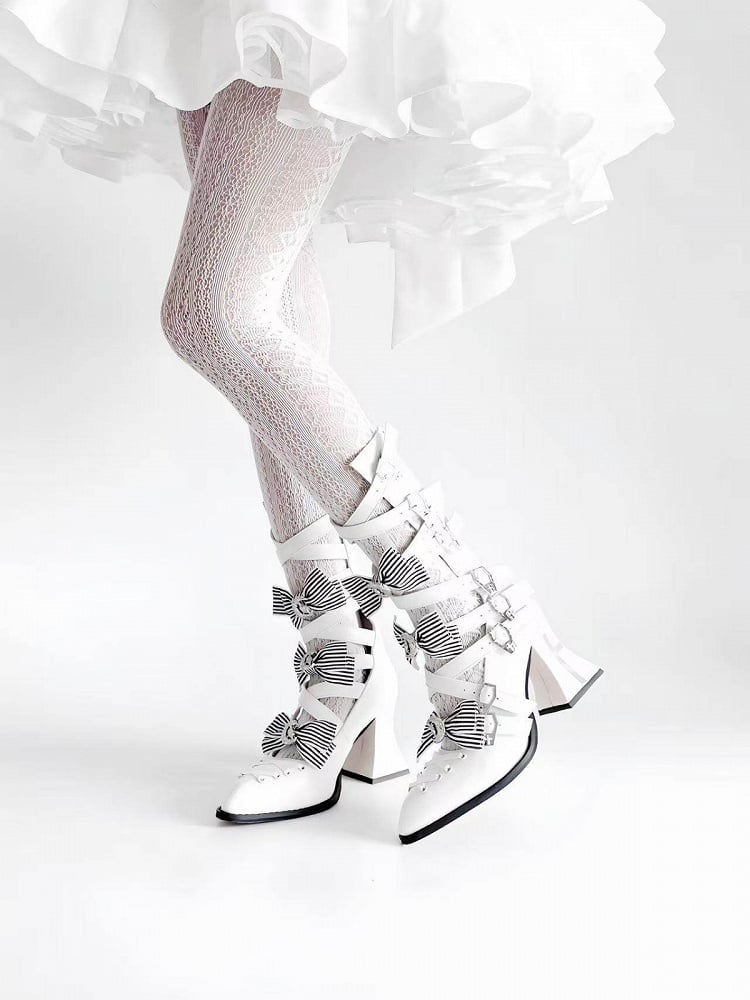 Detachable Striped Bow Gothic Pointed Toe Red Sole Boots with Cross Print - NRose
