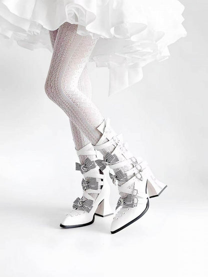 Detachable Striped Bow Gothic Pointed Toe Red Sole Boots with Cross Print - NRose