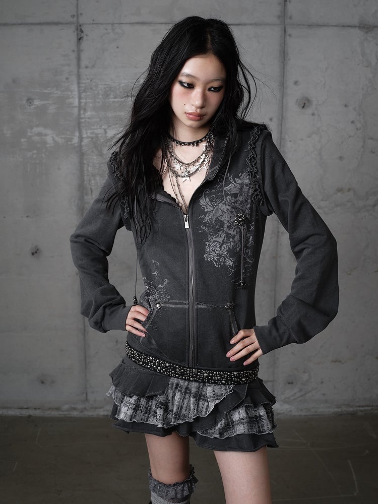 Wasteland Detachable Y2K with Dark Gray Hoodie Skirt Plaid Layered Sleeves Punk Dress