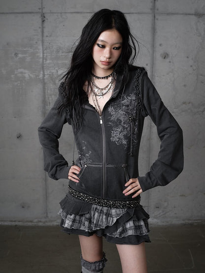 Wasteland Detachable Y2K with Dark Gray Hoodie Skirt Plaid Layered Sleeves Punk Dress