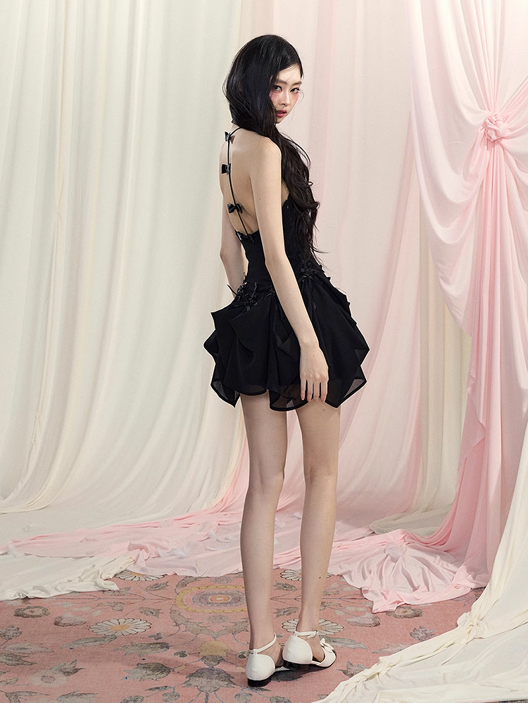 Black Halter Neck Dress Slip Ways Accents Two V-Neck Bowknot Chiffon Wear Backless