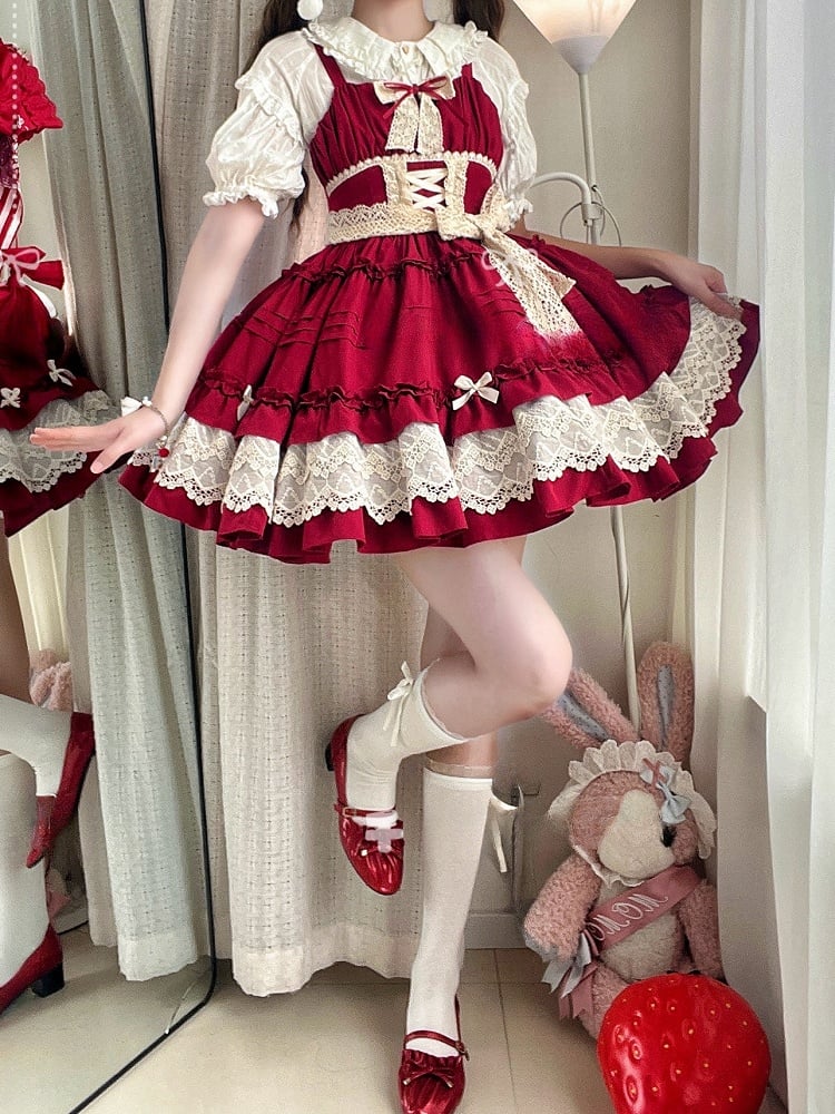 トリムサマースカートプリーツフリルロリータレッドジャンパー