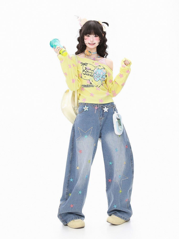 with Faux and White/Yellow Asymmetrical Two-Piece Top Cartoon One-Shoulder Star Print