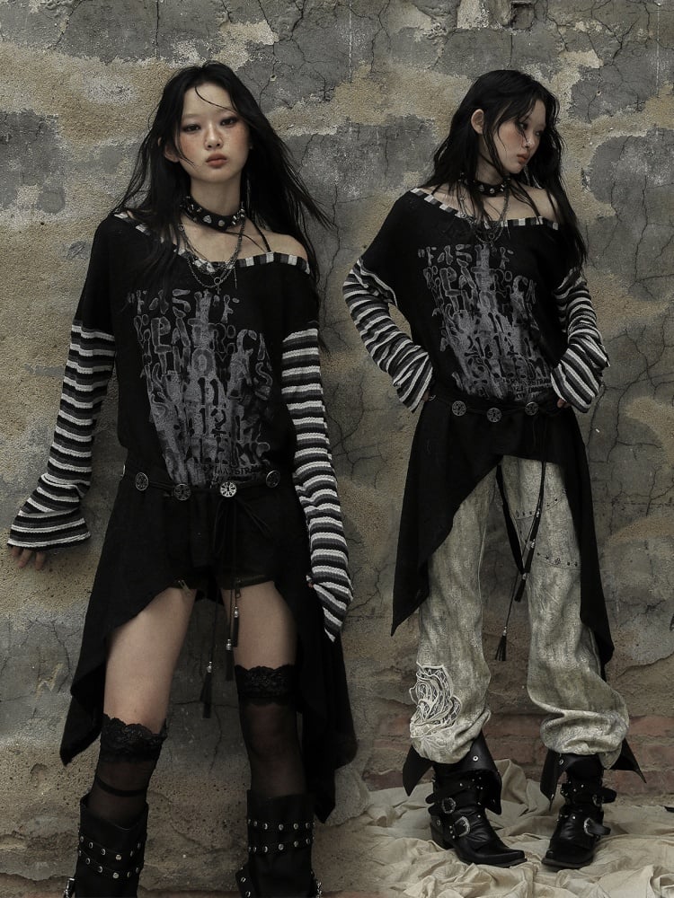 ブラックホワイトゴシックパンクレターズアシンメトリートップス