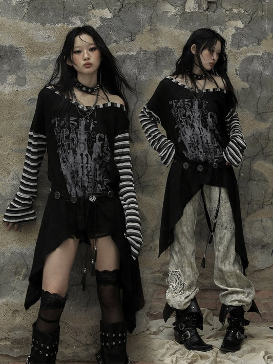 ブラックホワイトゴシックパンクレターズアシンメトリートップス