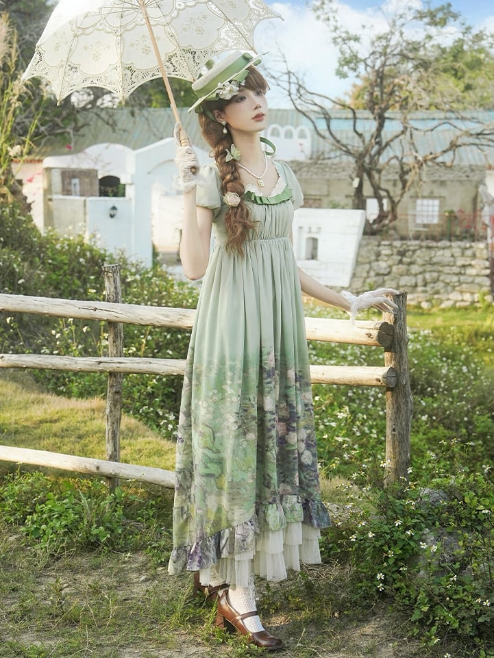 Empire Set Malerei Öl Rosen Lolita Elegant Grün Print Taille OP Rock