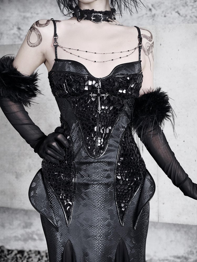 Black Victorian Bustier Bodice Spaghetti Straps Dress Evening Gown Mermaid Dress