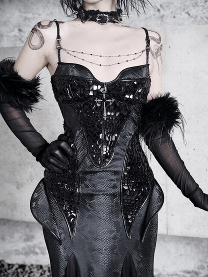 Black Victorian Bustier Bodice Spaghetti Straps Dress Evening Gown Mermaid Dress