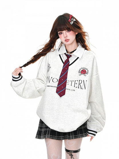Two-pieces Tie Gray Faux Preppy Polo Collar Loose Sweatshirt with