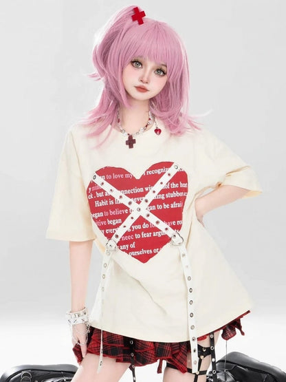 Red Apricot Top Straps With Skirt + Buckle Punk Print Pleated Metal Heart Black Plaid