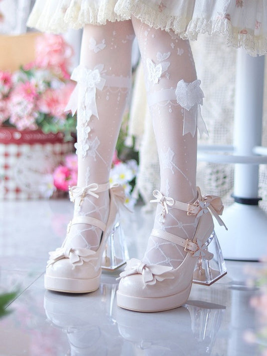 Shoes Jane Mary Heel Design Hime Beige Charm 8.5cm See-through Rhinestone with Heeled Lolita