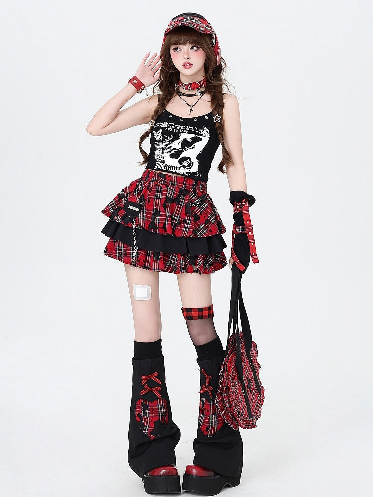 Rock Sleeves Chain Black Leg Red Plaid with Punk Decorated Tiered and Skirt Free