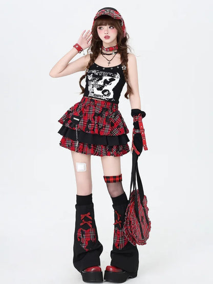 Punk Sleeves with Red Rock Decorated Chain Tiered Free Plaid Black and Skirt Leg