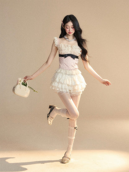 Glamorous Rosa Polka-Dot Muster Ärmelloses Top Rüschen Spitze Trim Detail Schleife