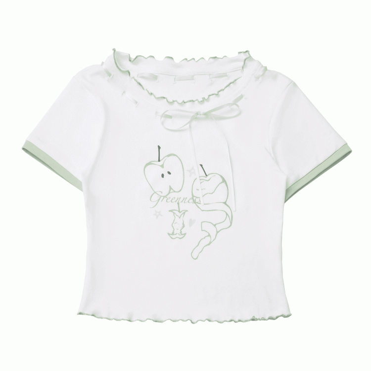 Ausschnitt Grüner Apfeldruck Gekräuselter Saum Selbstbindende weiße T-Shirt-Schleife