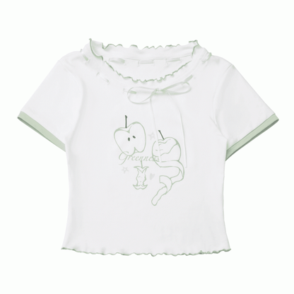 Ausschnitt Grüner Apfeldruck Gekräuselter Saum Selbstbindende weiße T-Shirt-Schleife
