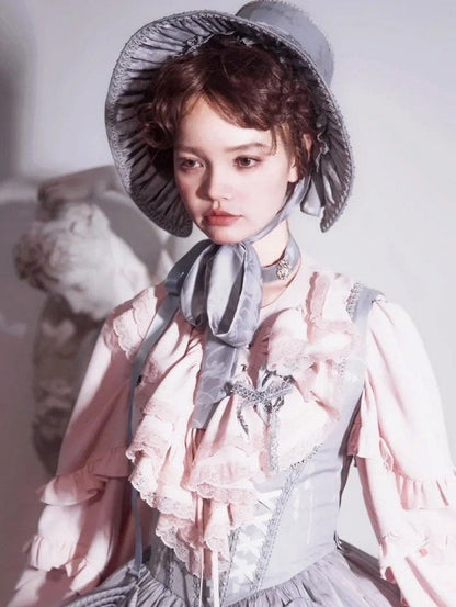 und Motorhaubenschleife mit Besatz, breitkrempiges Lolita-Spitzendetail, Schwarz/Grau/Braun