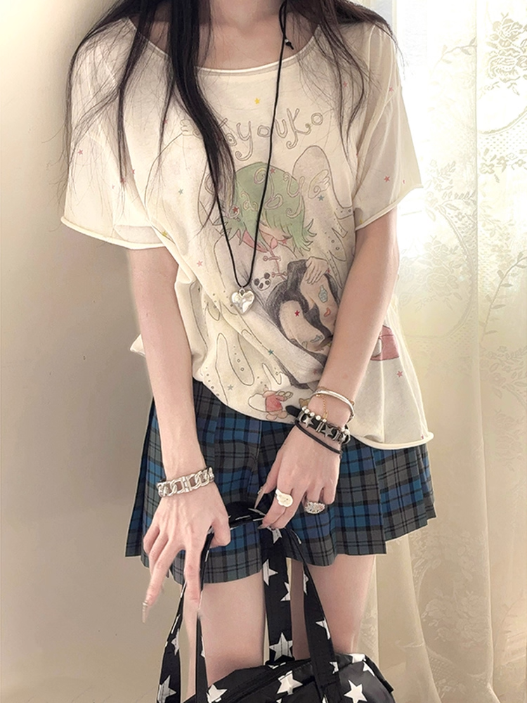 Cartoon Round Neck T-shirt Angel Print Apricot