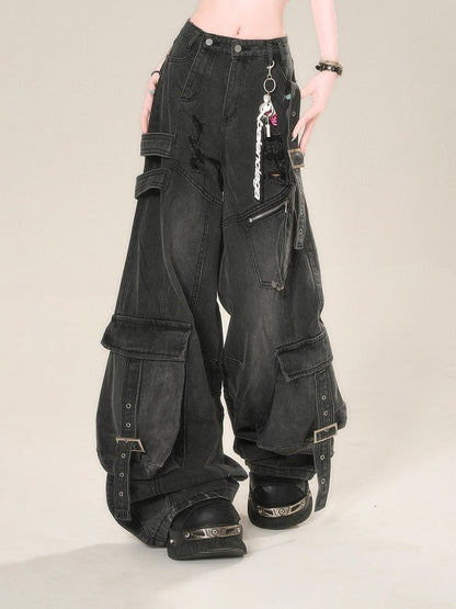 Cargo Pockets Black Distressed Holes Buckle Wide-Leg Jeans Straps