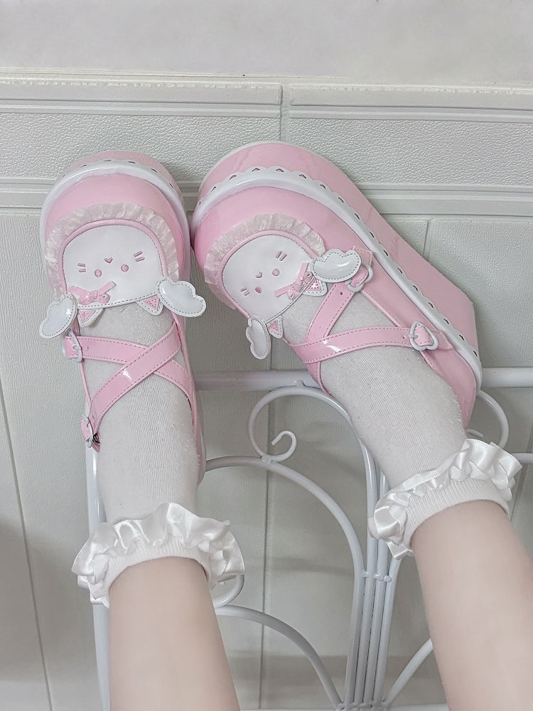 Yume Kawaii Pink Round Toe Kitty Angel Heart Buckle Platform Lolita Shoes