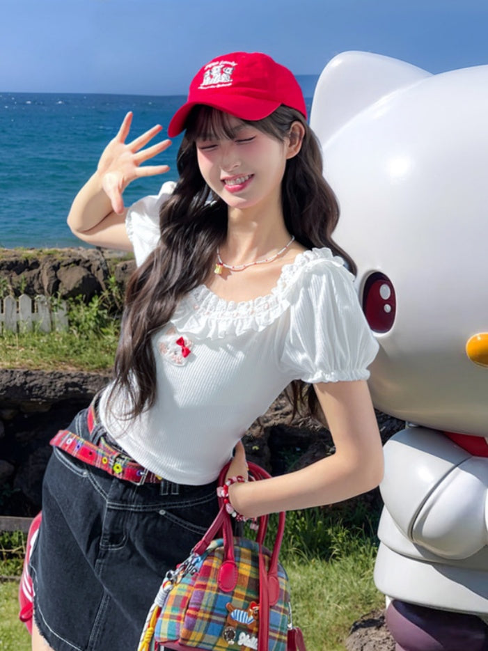 襟付きぬいぐるみキティパフスリーブTシャツホワイトフリルレース