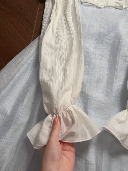 Blue-White Cutout Shoulder Bow Ruffle Long Sleeve Seiso Dress - LA LA JK